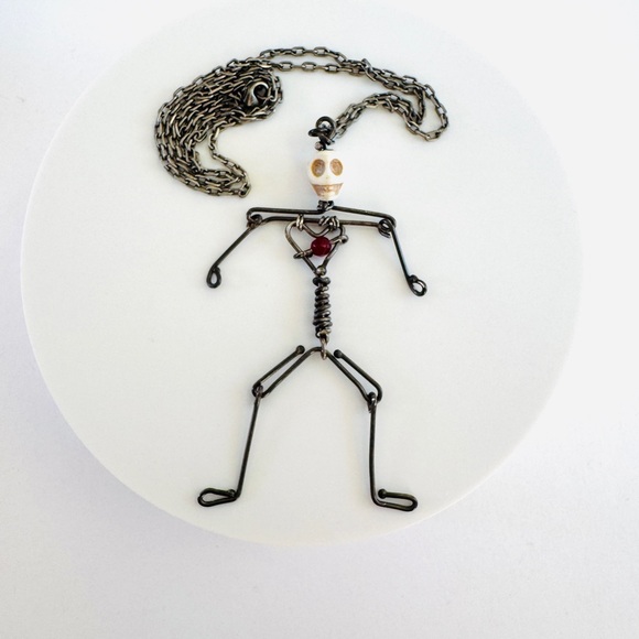 Handmade Jewelry - Handmade Skeleton Necklace “Bone Head” Sterling Silver & Copper with Bone Bead